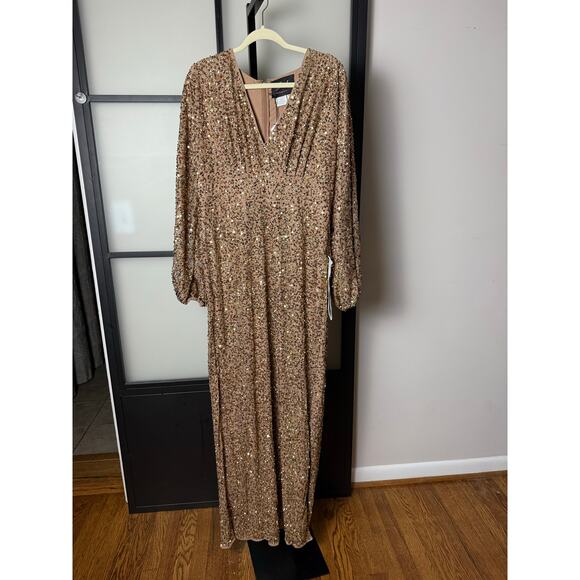 NWT Mac Duggal Brown Sequined Puff Sleeve V Neck Gown Size 14 - Picture 2 of 11